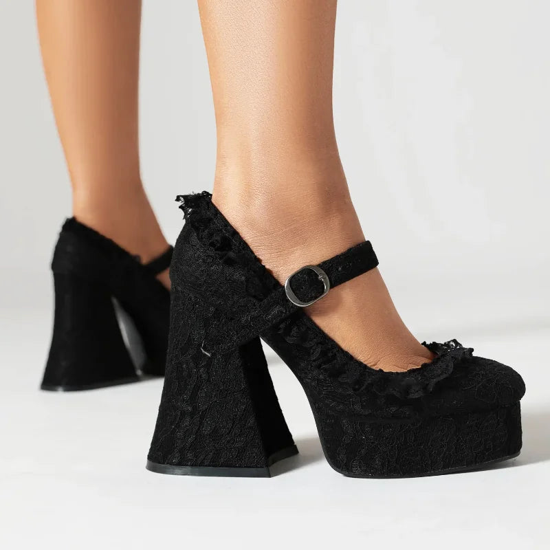 Waterproof Platform High Heels with Thick Sole Mary Jane Flats Elegant Lace Edged Single Shoes for Adults Pointed Toe Patchwork Design