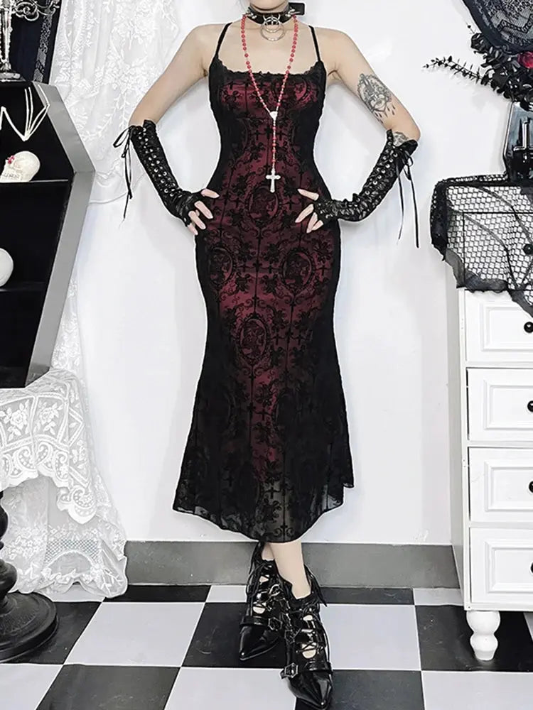 AltGoth Vintage Elegant Red and Black Lace Goth Dress Coven Couture Collective