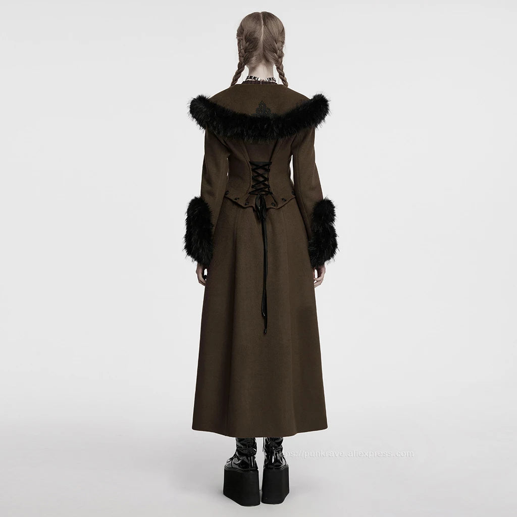 PUNK RAVE Women's Detachable Fur Collar & Hem Two-piece Jacket Gothic Atmosphere Adjustable Waist Long Coat Fall Winter