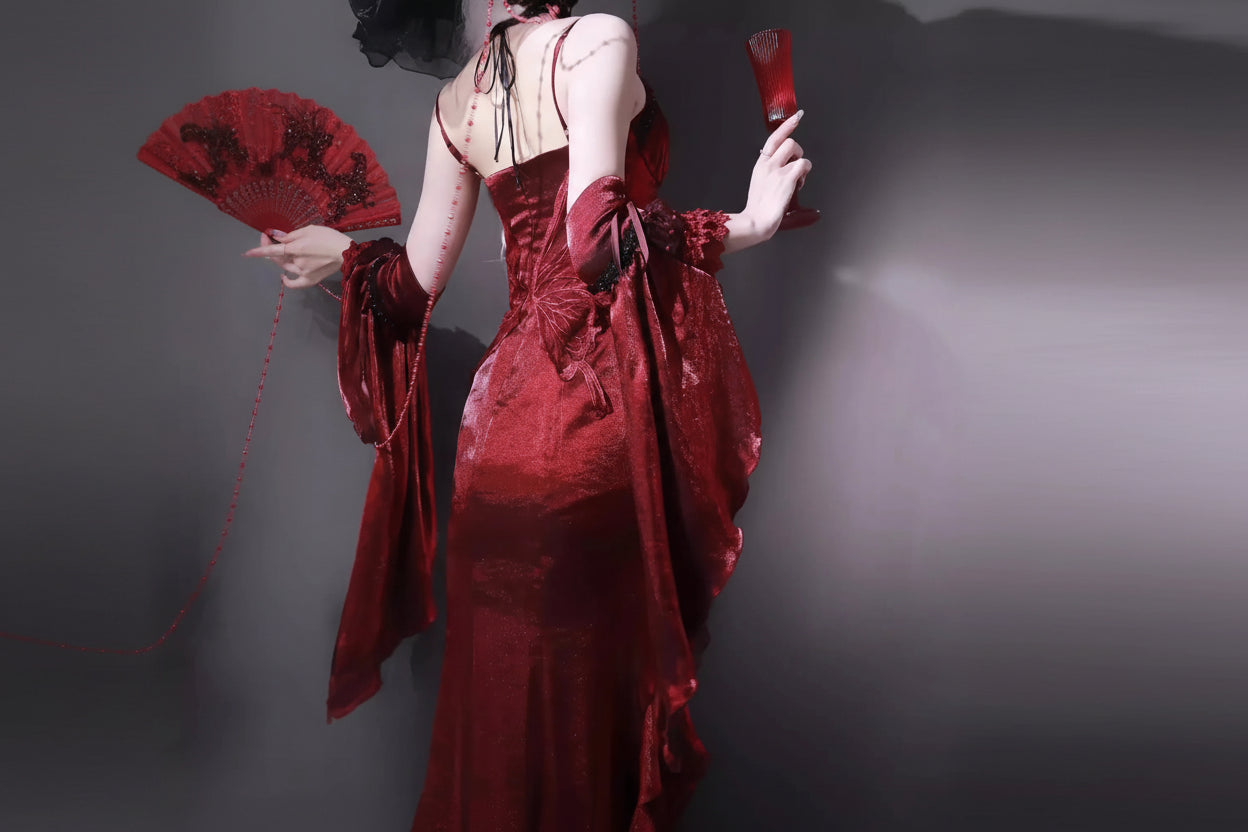 Red Rose Lolita Slimming Long Asymmetrical Fishtail Dress Coven Couture Collective