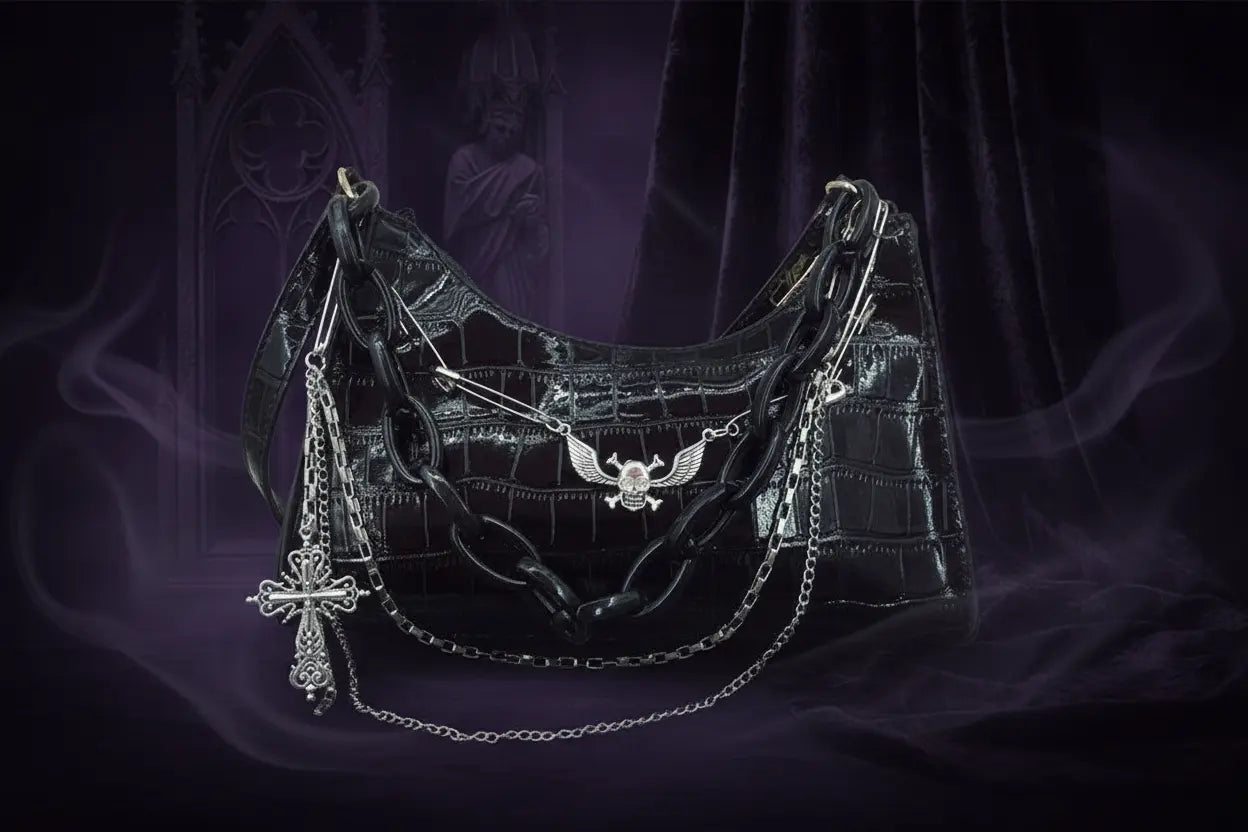 Gothic Dark Punk Underarm Bag With Skull Shoulder Bag Y2k Chain Crocodile Pattern Crossbody Bag Korean Popular Aesthetic Bags Coven Couture Collective