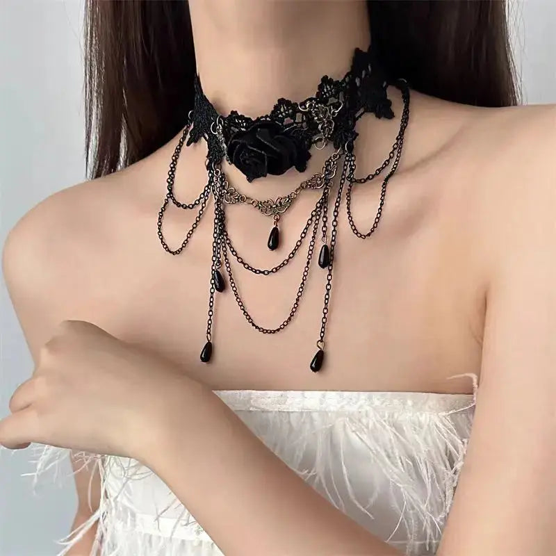 Trendy Black Lace Necklace Flower Tassel Choker Necklace for Women Punk Gothic Halloween Chocker Jewelry Collar Accessories Coven Couture Collective