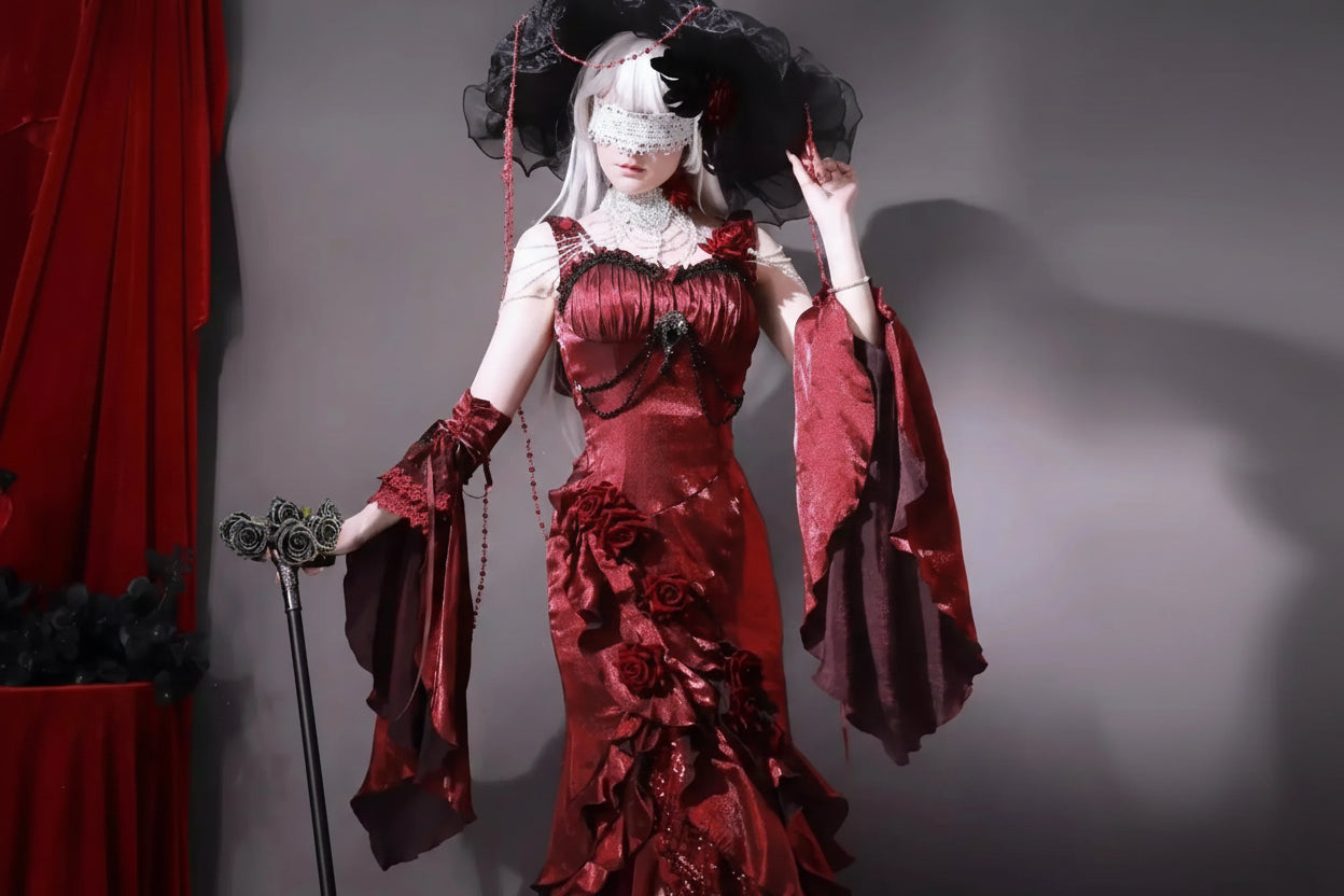 Red Rose Lolita Slimming Long Asymmetrical Fishtail Dress Coven Couture Collective