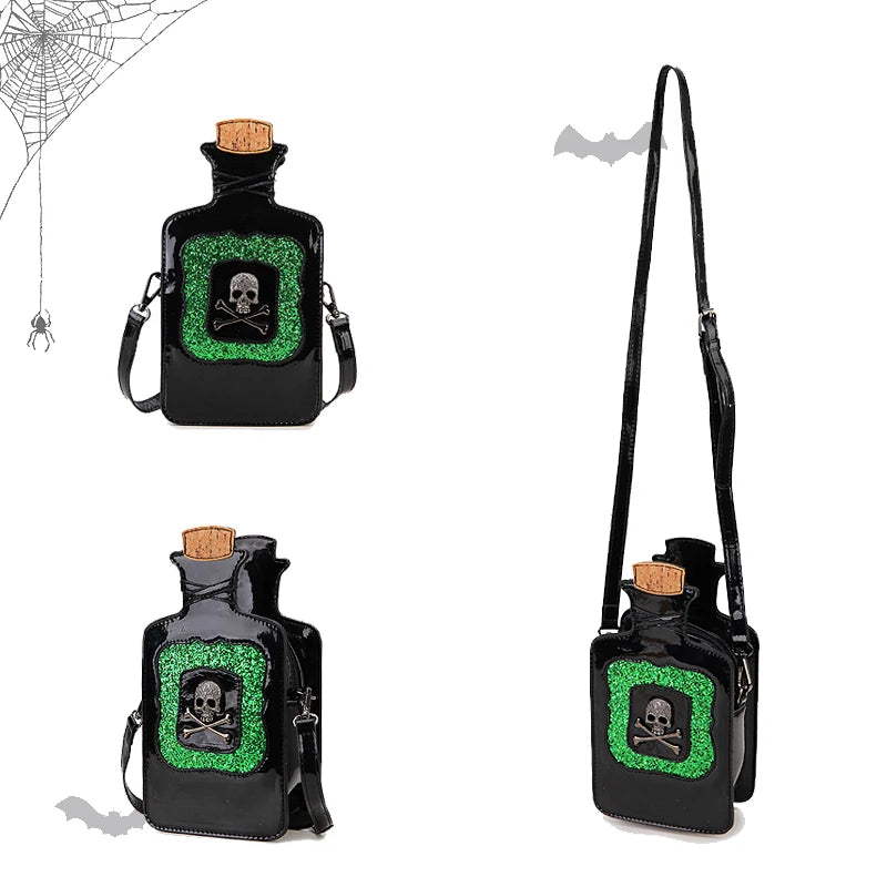 Gothic Kitsch Poison Bottle Shaped Handbag and Purse for Women Dark Lolita Skull Decoration Punk Goth Style Girls Shoulder Bags