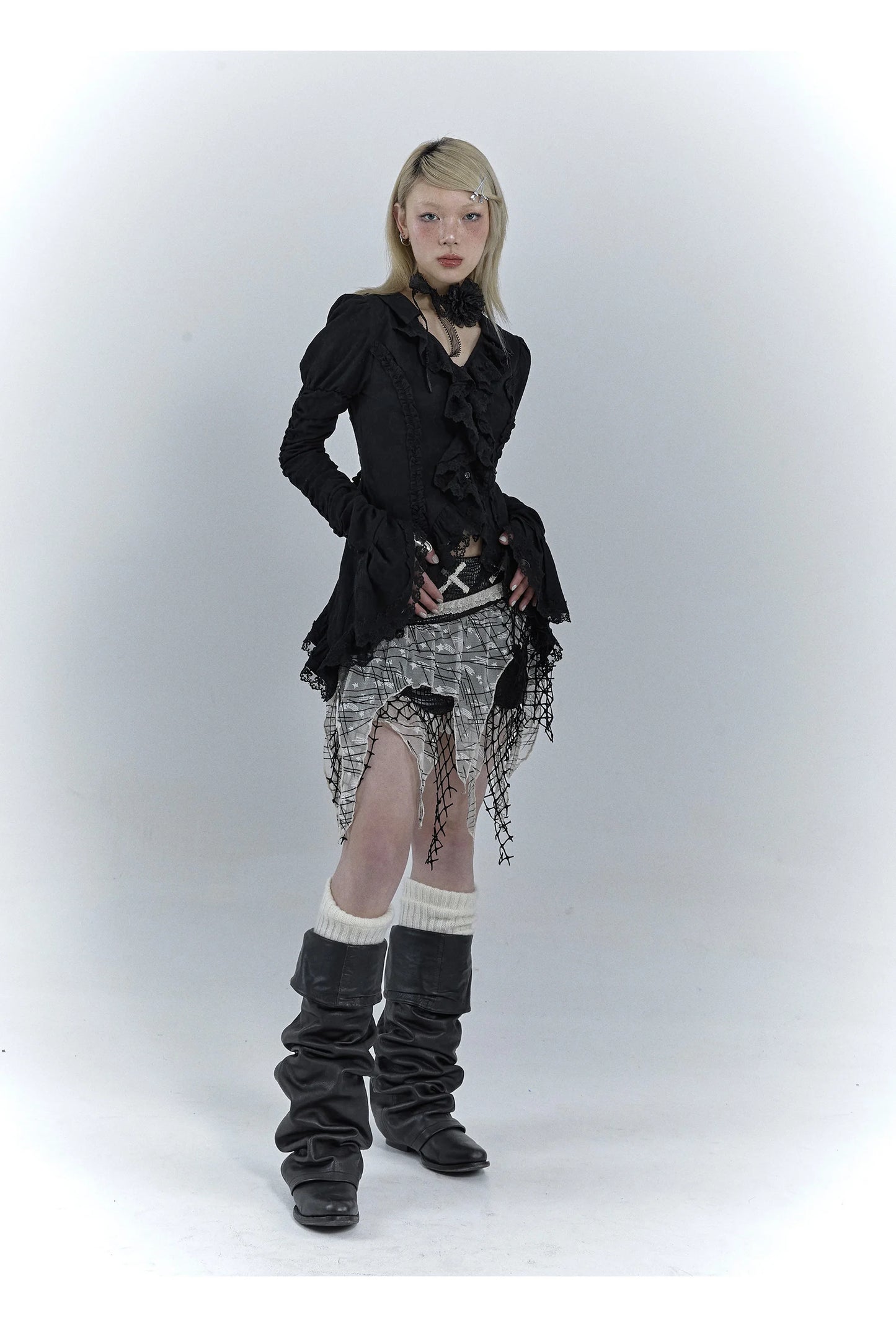 Karrcat Gothic Black Lace Shirt Dark Aesthetic Irregular Blouses Yamamoto Style Grunge Flare Sleeve V-neck Shirt Vintage Y2k Emo