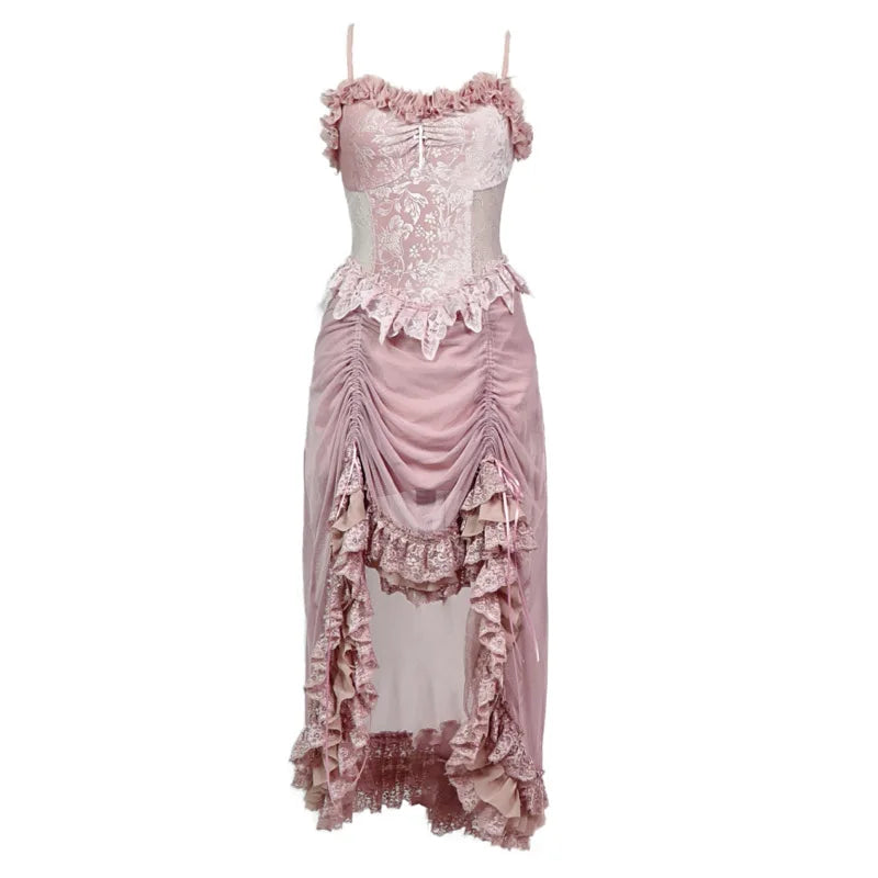 Blood Supply Original Pink Light Lolita Summer Dress Drawstring Asymmetric Slip Dress Lace Fly Sleeve Mesh Fairy Gothic Dress
