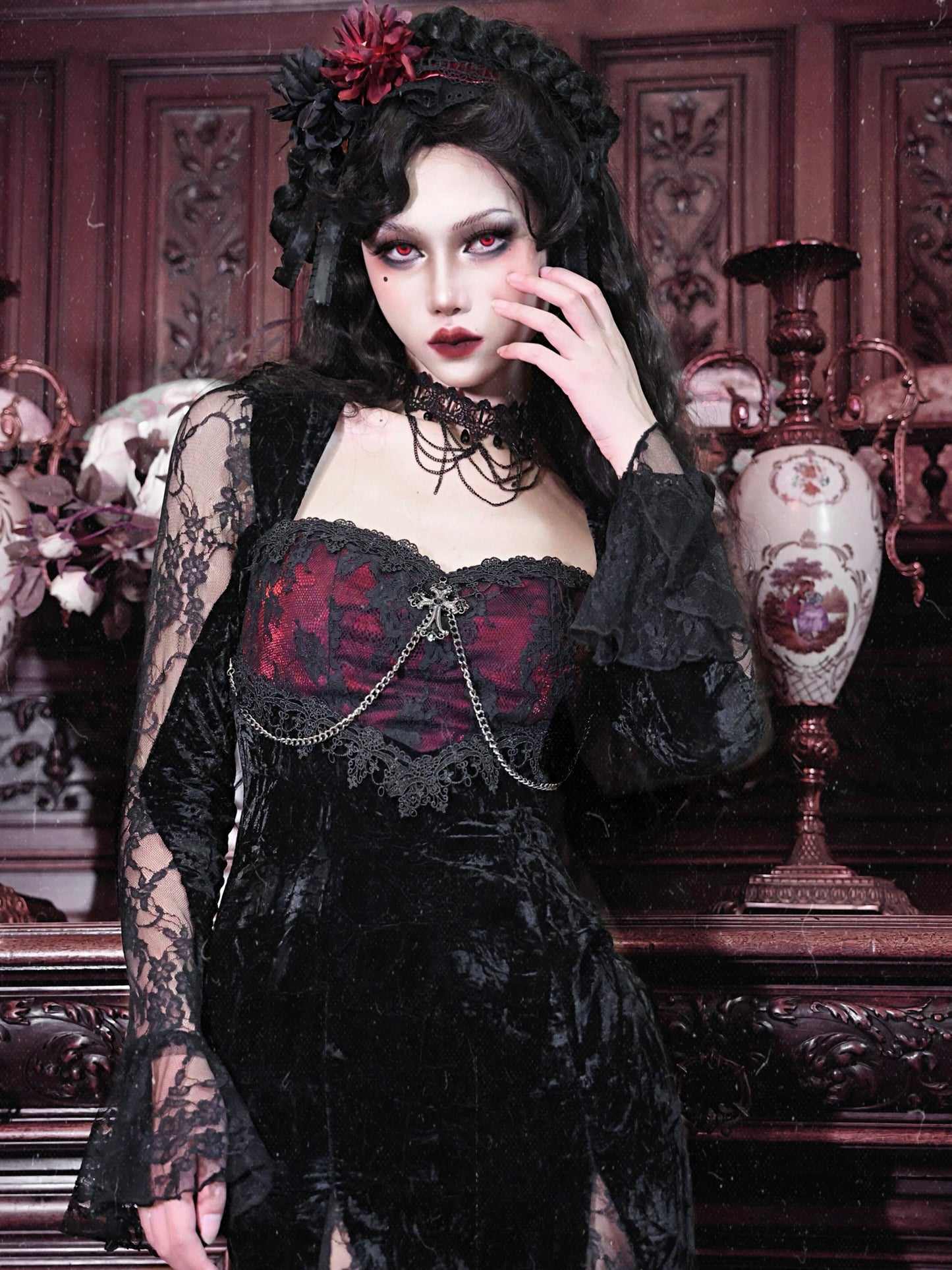 Blood Supply Original Gothic Black Velvet Dress Lace Full Sleeve Square Collar Mesh Red Halloween Slim Velvet Trumpet Dresses Coven Couture Collective