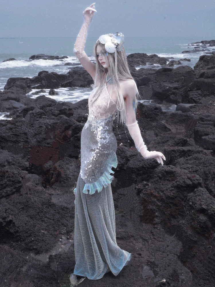 Blood Supply Original Design Siren Mermaid Beach Vocatio Sequins Beading Shiny Vestido Party Trumpet Long Slim Halter Dress