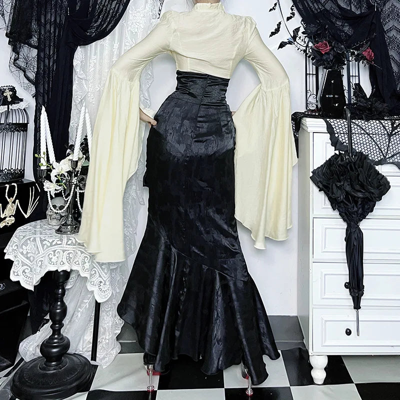 AltGoth Subculture Vintage Gothic Skirt Women Dark Palace Style Y2k E-girl Streetwear Embroidery High Waist Fishtail Skirt Femme