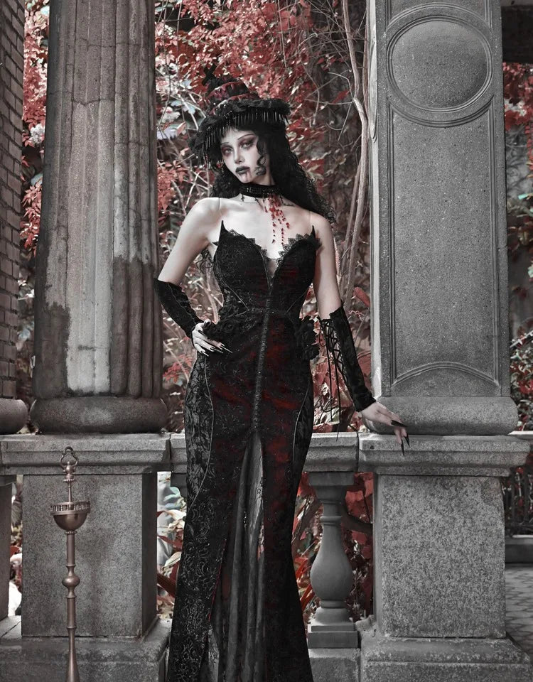 Blood Supply Original Design Vampire Black Red Dress Lace Patch Gothic Velvet Trumpet Sleeveless Sexy X-Long Dress Halloween