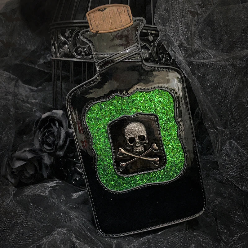 Gothic Kitsch Poison Bottle Shaped Handbag and Purse for Women Dark Lolita Skull Decoration Punk Goth Style Girls Shoulder Bags