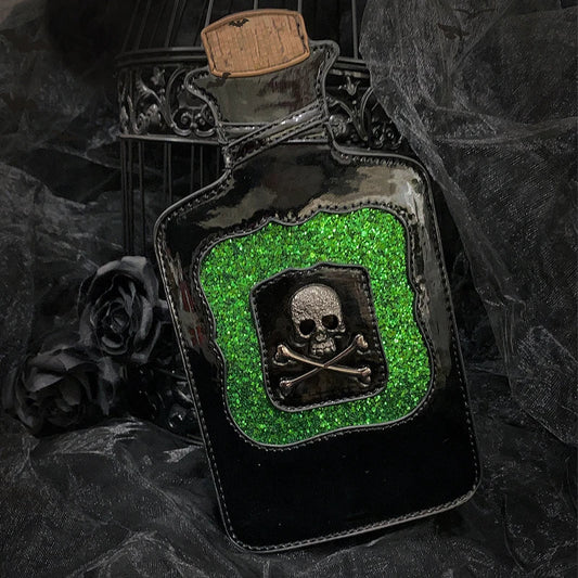 Gothic Kitsch Poison Bottle Shaped Handbag and Purse for Women Dark Lolita Skull Decoration Punk Goth Style Girls Shoulder Bags Coven Couture Collective