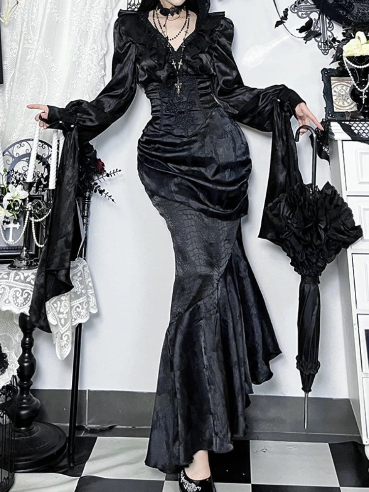 AltGoth Vintage Gothic Black Shirts Women Palace Style Streetwear Y2k E-girl Harajuku V-neck Ruffle Long Sleeve Bluose Cosplay