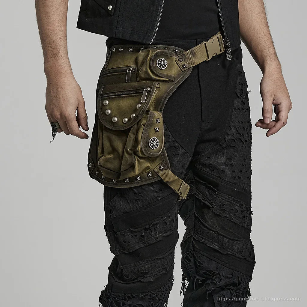 PUNK RAVE Men's Punk Doomsday Irregular Shape Rivets Personalized Bag Webbing Can Adjust Tightness Men Accessories