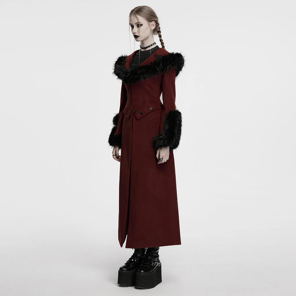 PUNK RAVE Women's Detachable Fur Collar & Hem Two-piece Jacket Gothic Atmosphere Adjustable Waist Long Coat Fall Winter