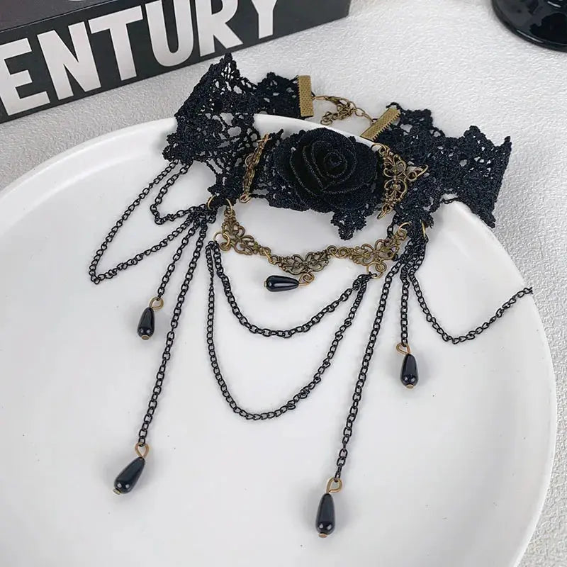 Trendy Black Lace Necklace Flower Tassel Choker Necklace for Women Punk Gothic Halloween Chocker Jewelry Collar Accessories Coven Couture Collective