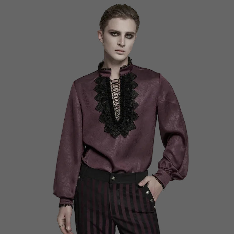 PUNK RAVE Men's Goth Stand Up Collar Dark Rose Patterned Shirt Elegant Lace Front Drawstring Design Exquisite Feeling Tops Coven Couture Collective