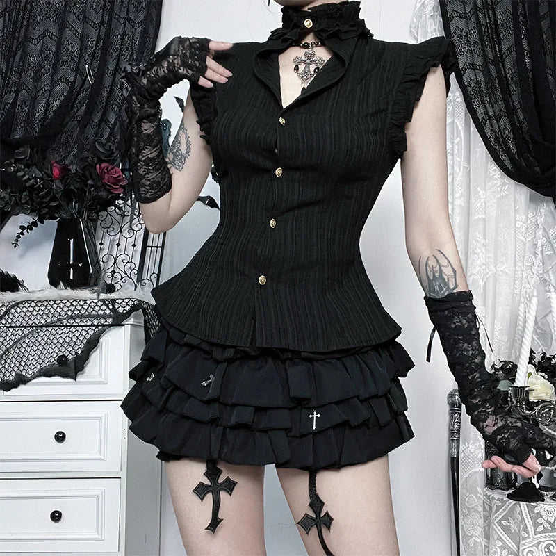 Goth Dark 90s Grunge Single Breasted Slim Wasit Shirt Blouses Women Alt Teachwear Mall Gothic Stringy Selvedge Sleeveless Shirts