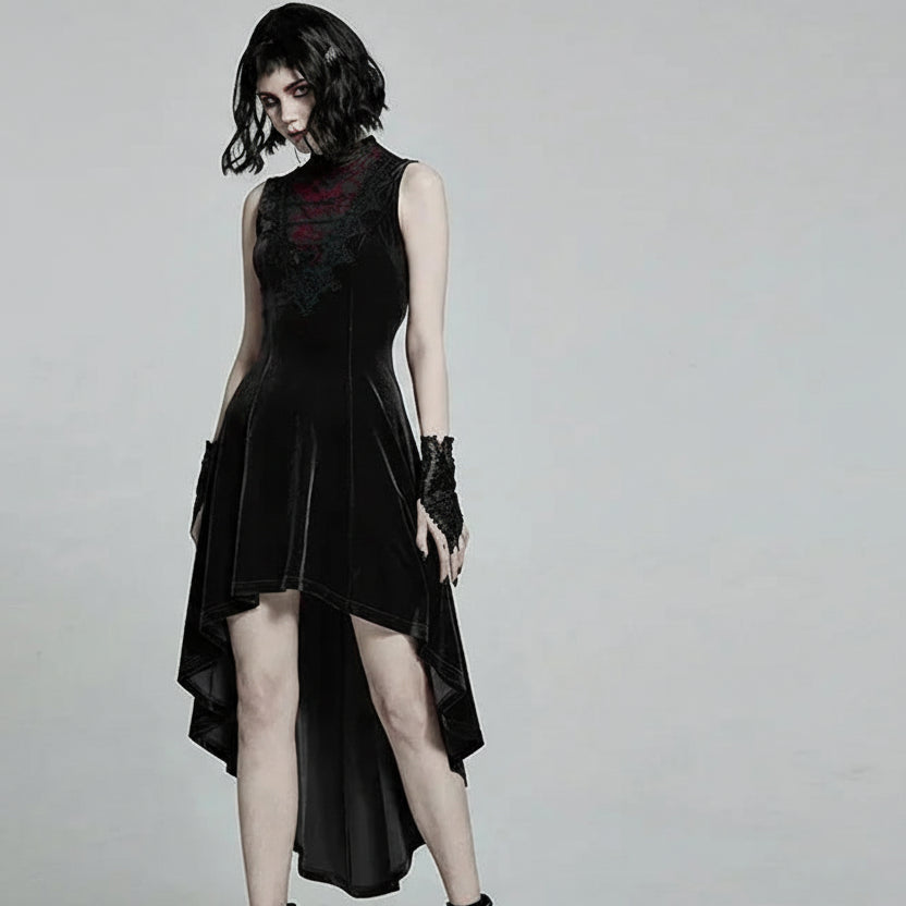 PUNK RAVE Women's Velvet Gothic Gorgeous Retro Irregular Hem Sleeveless Dress in Black or Red