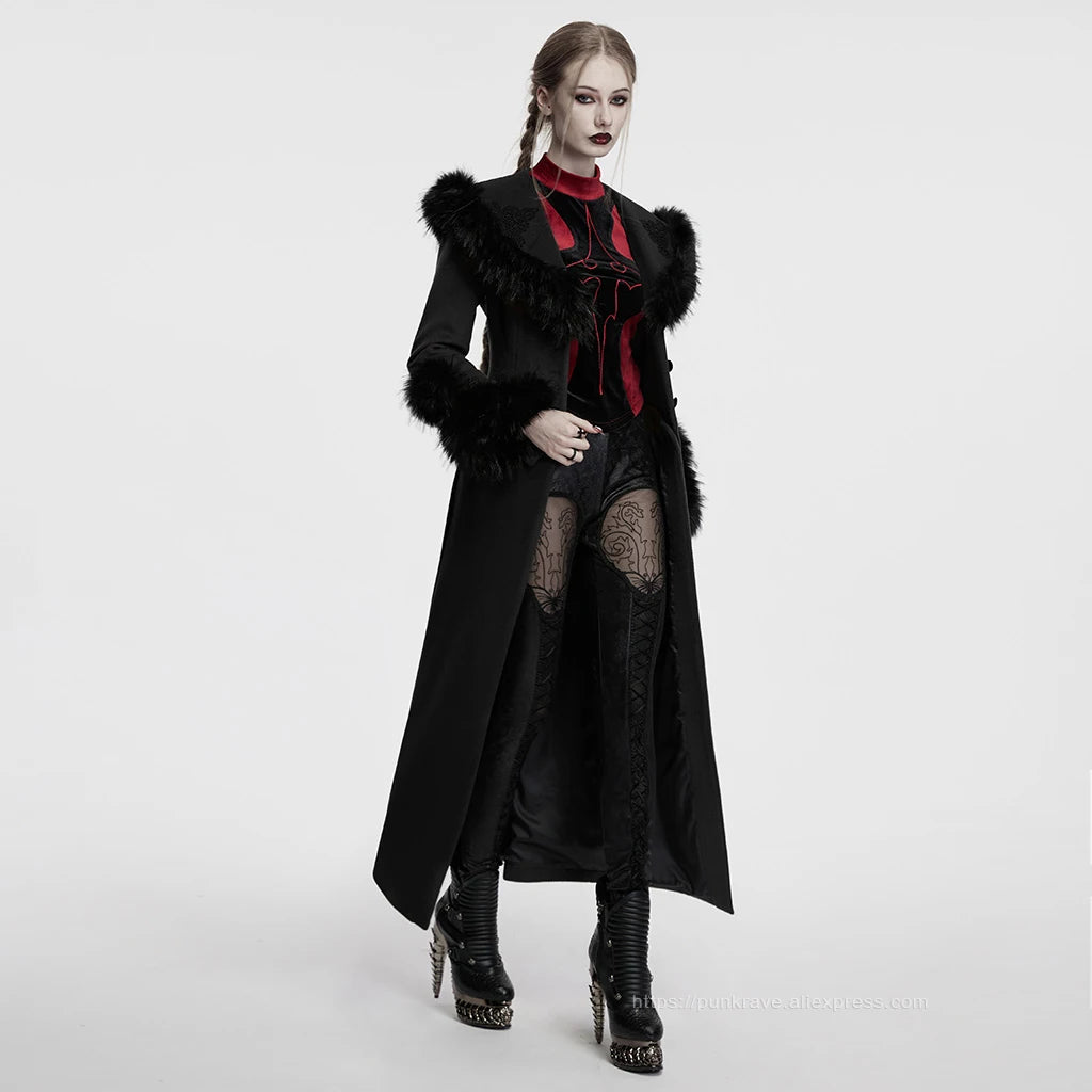 PUNK RAVE Women's Detachable Fur Collar & Hem Two-piece Jacket Gothic Atmosphere Adjustable Waist Long Coat Fall Winter