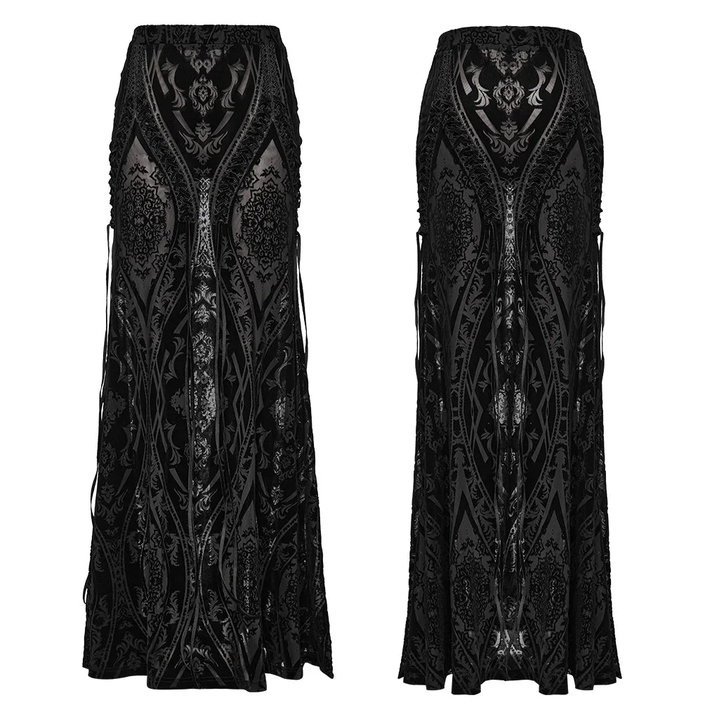 PUNK RAVE Women's Gothic Gorgeous Pattern Patterned Flocked Mesh Skirt Lace Vintage Black Long Skirts Women Clothing Coven Couture Collective