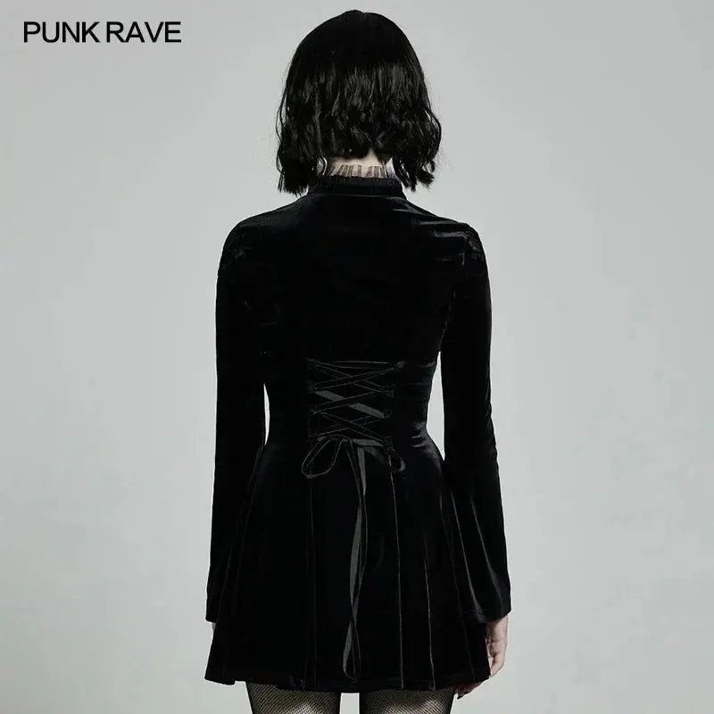 PUNK RAVE Women's Gothic Daily Dress Gorgeous Retro Knitted Velvet Lace-up Lace Collar Micro-horn Cuffs Party Dinner Dresses Coven Couture Collective