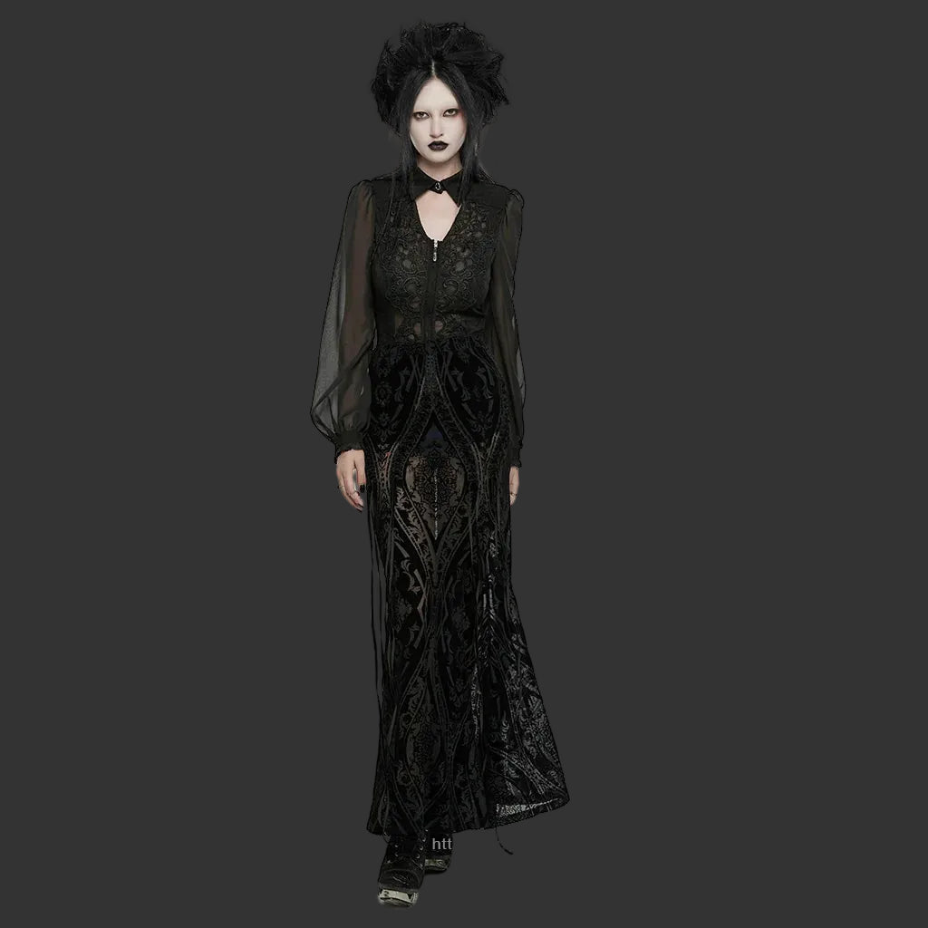 PUNK RAVE Women's Gothic Gorgeous Pattern Patterned Flocked Mesh Skirt Lace Vintage Black Long Skirts Women Clothing Coven Couture Collective