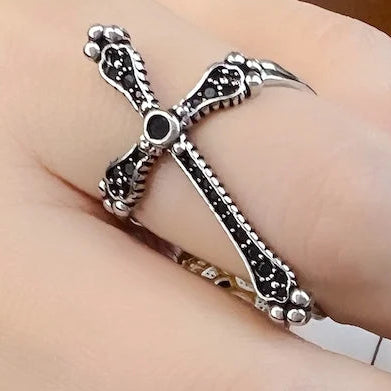 Victorian Royalty Cross Ring with Black Stones for Women 925 Sterling Silver Vintage Jewellery