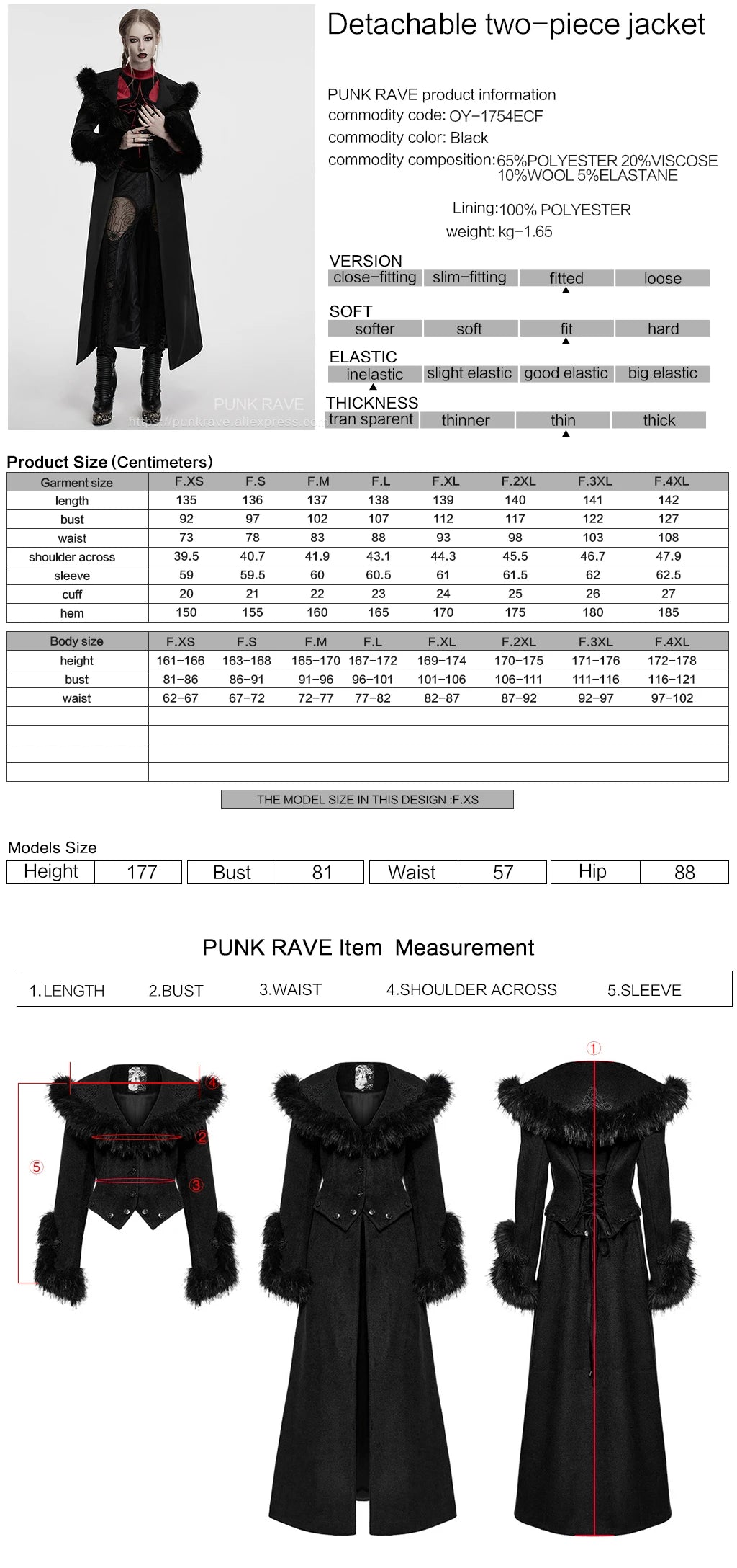 PUNK RAVE Women's Detachable Fur Collar & Hem Two-piece Jacket Gothic Atmosphere Adjustable Waist Long Coat Fall Winter