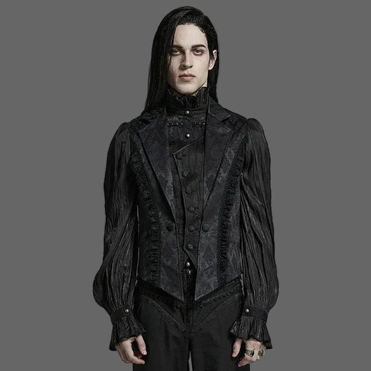 PUNK RAVE Men's Gothic Gorgeous Lace Decoration Asymmetric Lapel Waistcoat Unique Pointed Outline Elements Party Long Sleeve Top Coven Couture Collective