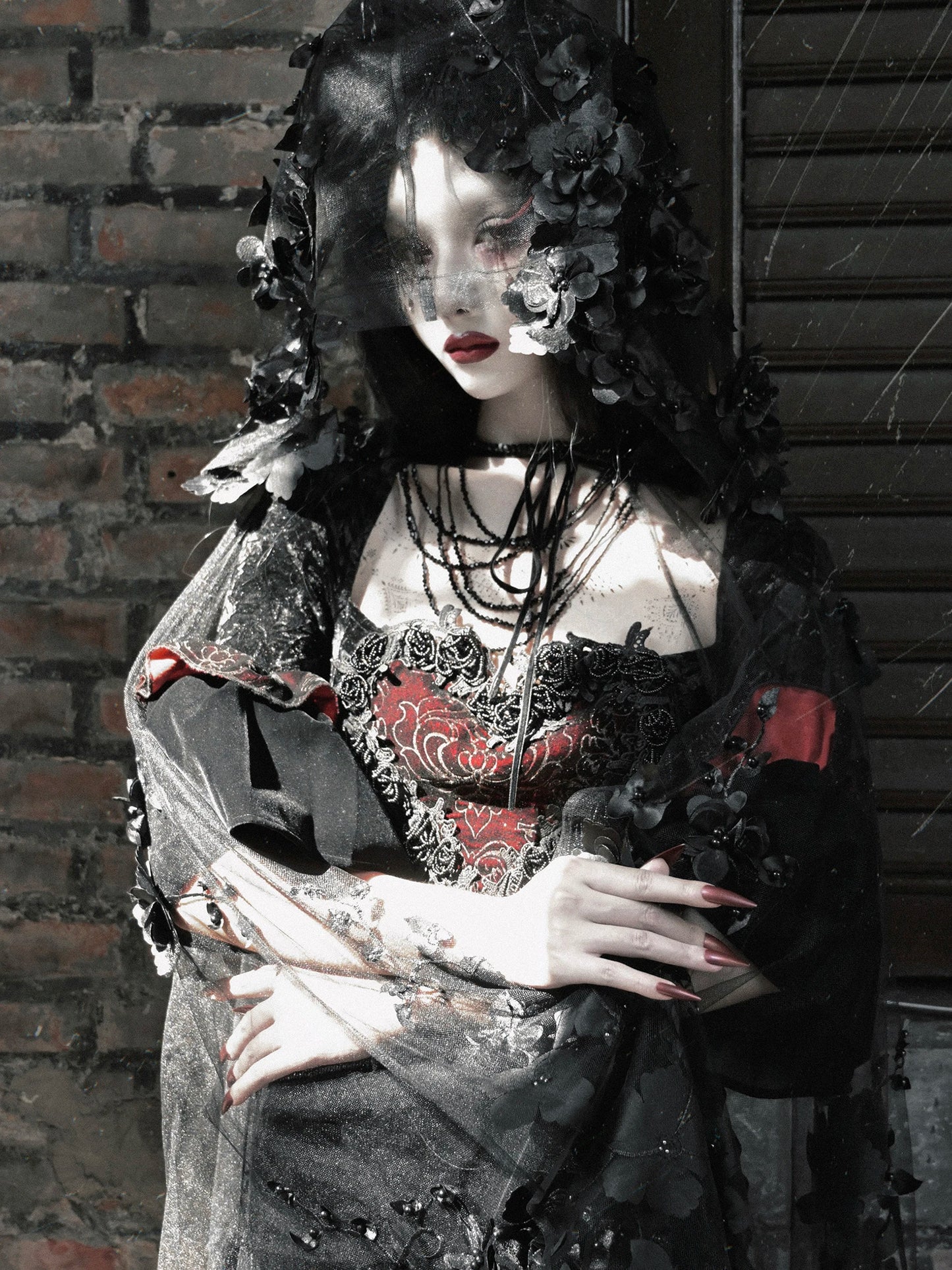 Blood Supply Original Design Gothic Florals Beading Embroidery Hooded Long Ponchos Transparent Meash Halloween Cape Winter