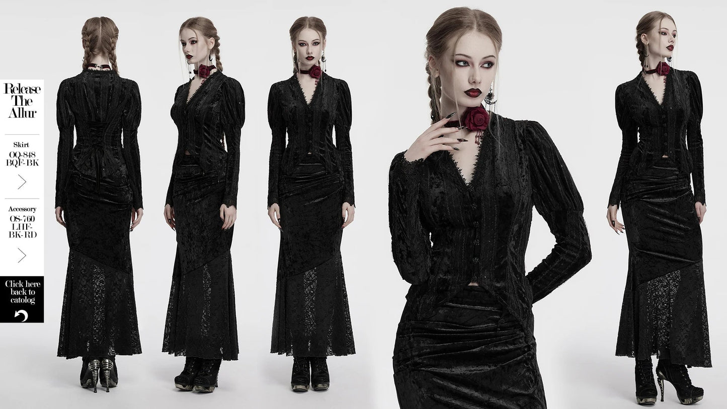PUNK RAVE Women's Lace Embroidered Velvet Classic Gigot Sleeves Shirt  Retro Layering Adjustable Rope Sexy Slim Tops Coven Couture Collective