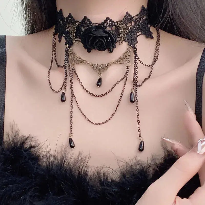 Trendy Black Lace Necklace Flower Tassel Choker Necklace for Women Punk Gothic Halloween Chocker Jewelry Collar Accessories Coven Couture Collective