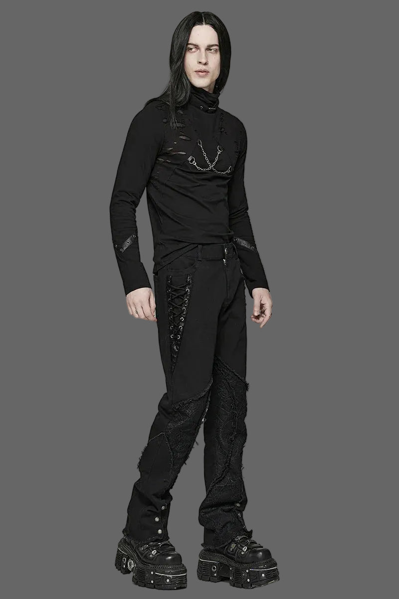 PUNK RAVE Men's Punk Cool Personality Spider Mesh Pants Gothic Irregularly Divided Casual Raw Edge Black Denim Coven Couture Collective