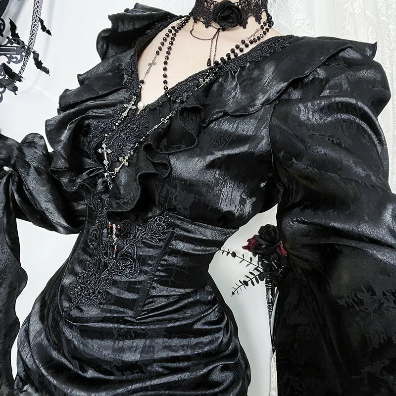 AltGoth Vintage Gothic Black Shirts Women Palace Style Streetwear Y2k E-girl Harajuku V-neck Ruffle Long Sleeve Bluose Cosplay