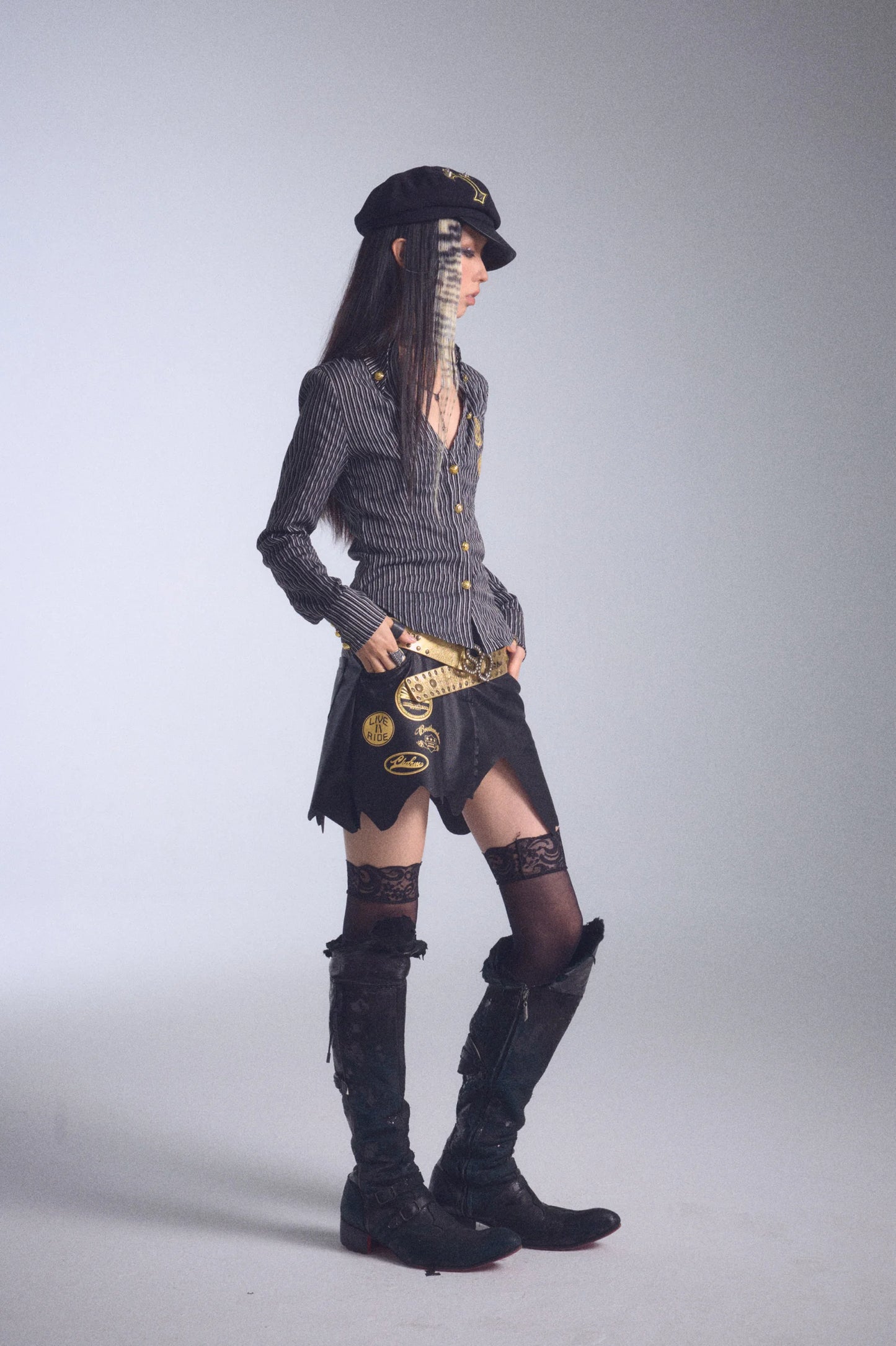 Karrcat Grunge Aesthetics Gold Foil Print Shirt Vintage Y2k V-neck Striped Shirt Trashy 2000s Style Slim Blouses Harajuku Retro