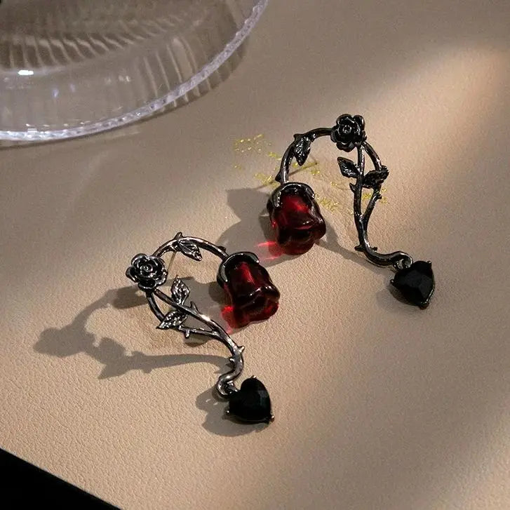 Gothic Red Rose Blossom Earrings Women Punk Halloween Jewellery Creativity Fashion Gorgeous Statement Jewelry Girl Gifts