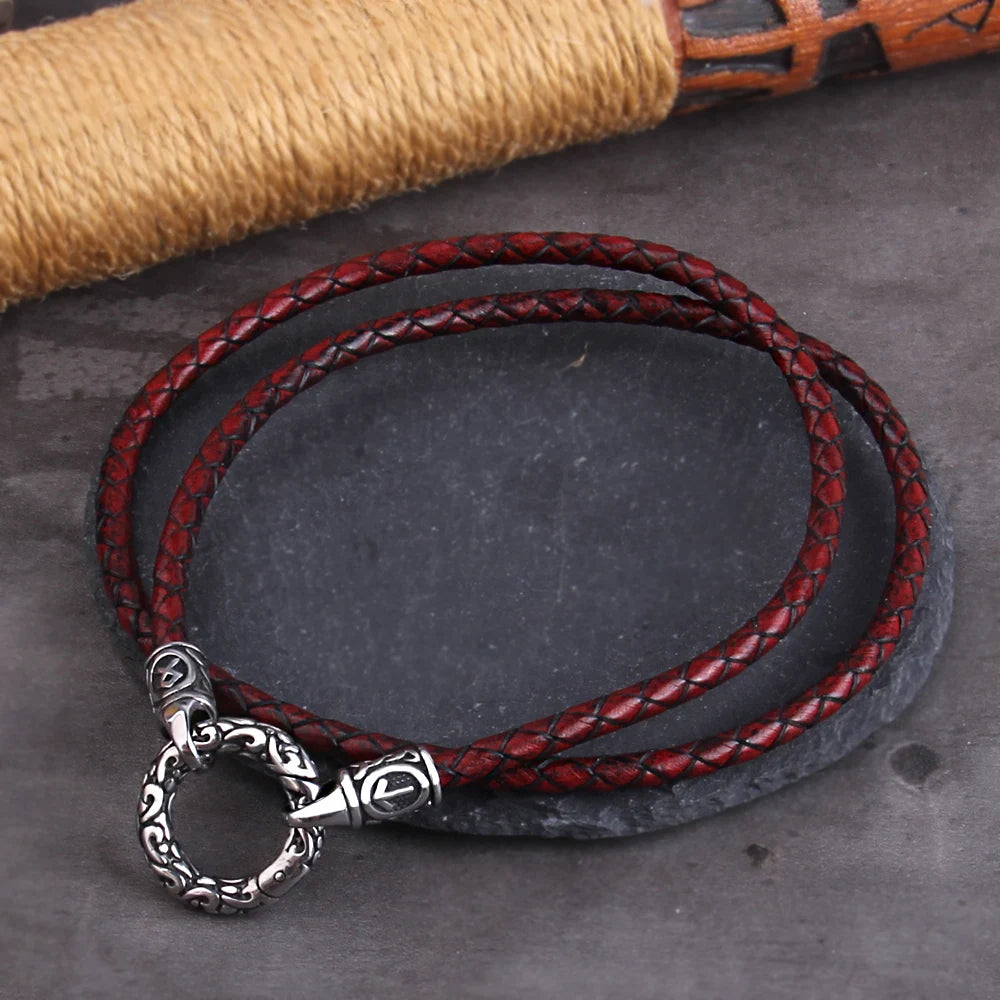 Nordic Viking Rune Pendant Necklace with Open round Clasp Stainless Steel Chain for Men Wood Box Included