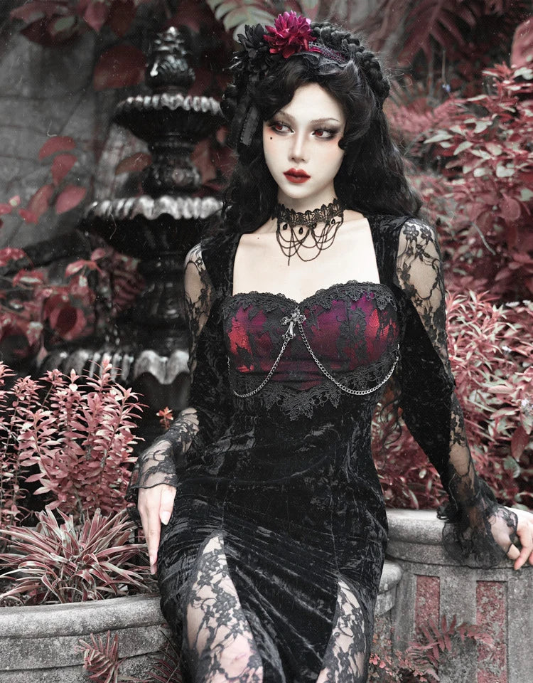 Blood Supply Original Gothic Black Velvet Dress Lace Full Sleeve Square Collar Mesh Red Halloween Slim Velvet Trumpet Dresses Coven Couture Collective
