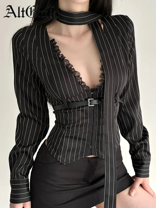 AltGoth Sexy Office Lady Striped Shirts Women Aesthetic Fairycore Grunge Y2k Lace Patchwork V-neck Long Sleeve High Waist Blouse