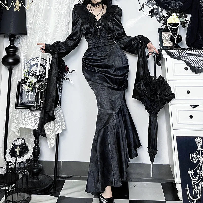 AltGoth Vintage Gothic Black Shirts Women Palace Style Streetwear Y2k E-girl Harajuku V-neck Ruffle Long Sleeve Bluose Cosplay