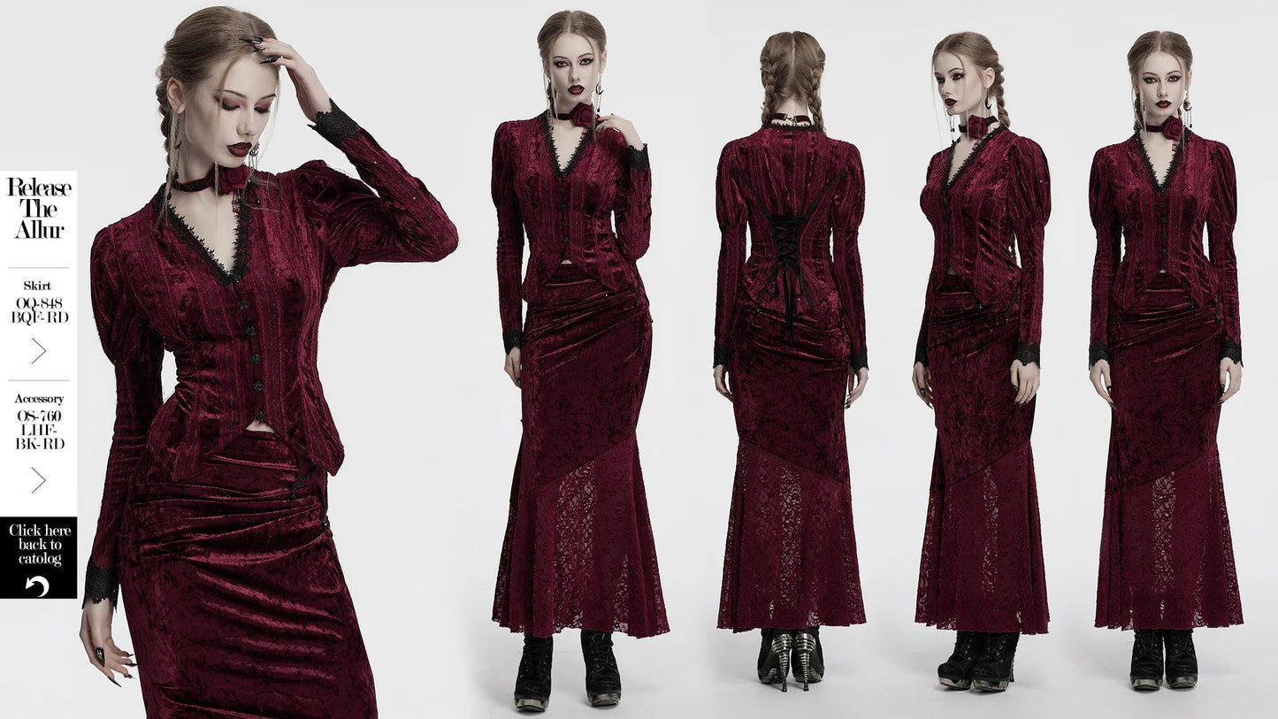 PUNK RAVE Women's Lace Embroidered Velvet Classic Gigot Sleeves Shirt  Retro Layering Adjustable Rope Sexy Slim Tops Coven Couture Collective