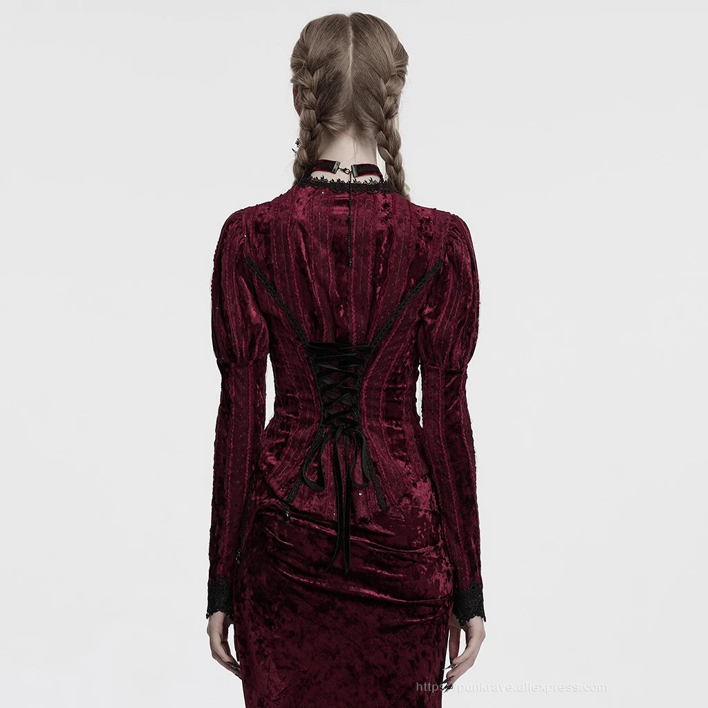 PUNK RAVE Women's Lace Embroidered Velvet Classic Gigot Sleeves Shirt  Retro Layering Adjustable Rope Sexy Slim Tops Coven Couture Collective