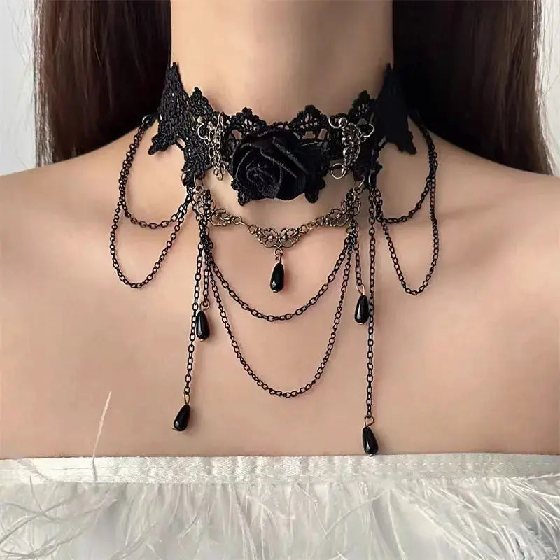 Trendy Black Lace Necklace Flower Tassel Choker Necklace for Women Punk Gothic Halloween Chocker Jewelry Collar Accessories Coven Couture Collective