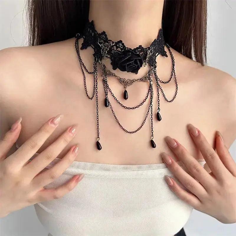 Trendy Black Lace Necklace Flower Tassel Choker Necklace for Women Punk Gothic Halloween Chocker Jewelry Collar Accessories Coven Couture Collective