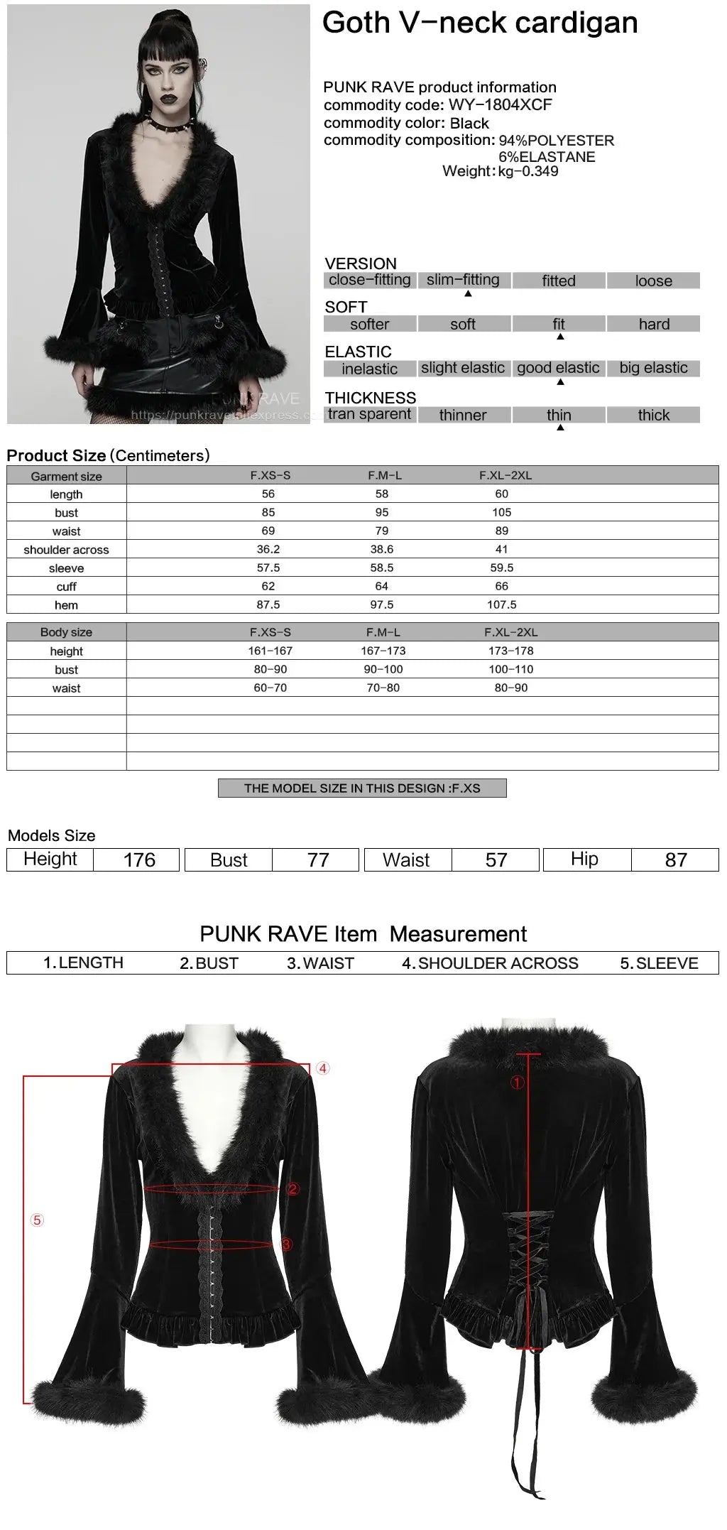 PUNK RAVE Women's Gothic Sunny Velvet Furry V-neck Cardigan Split Flared Sleeves Elegant Charm Women Sexy Dark Tops Shirts Coven Couture Collective