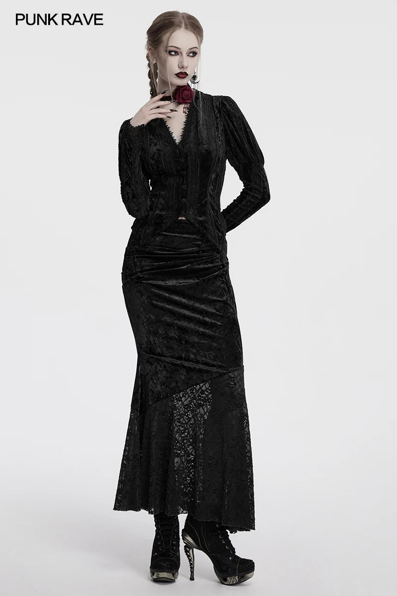PUNK RAVE Women's Lace Embroidered Velvet Classic Gigot Sleeves Shirt  Retro Layering Adjustable Rope Sexy Slim Tops Coven Couture Collective