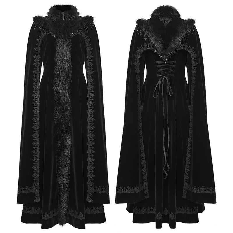 PUNK RAVE Women's Gothic Gorgeous Splendor Weft Velveteen Tassel Cloak Coat Mysterious Elegant Adjustable Drawstring Long Cape