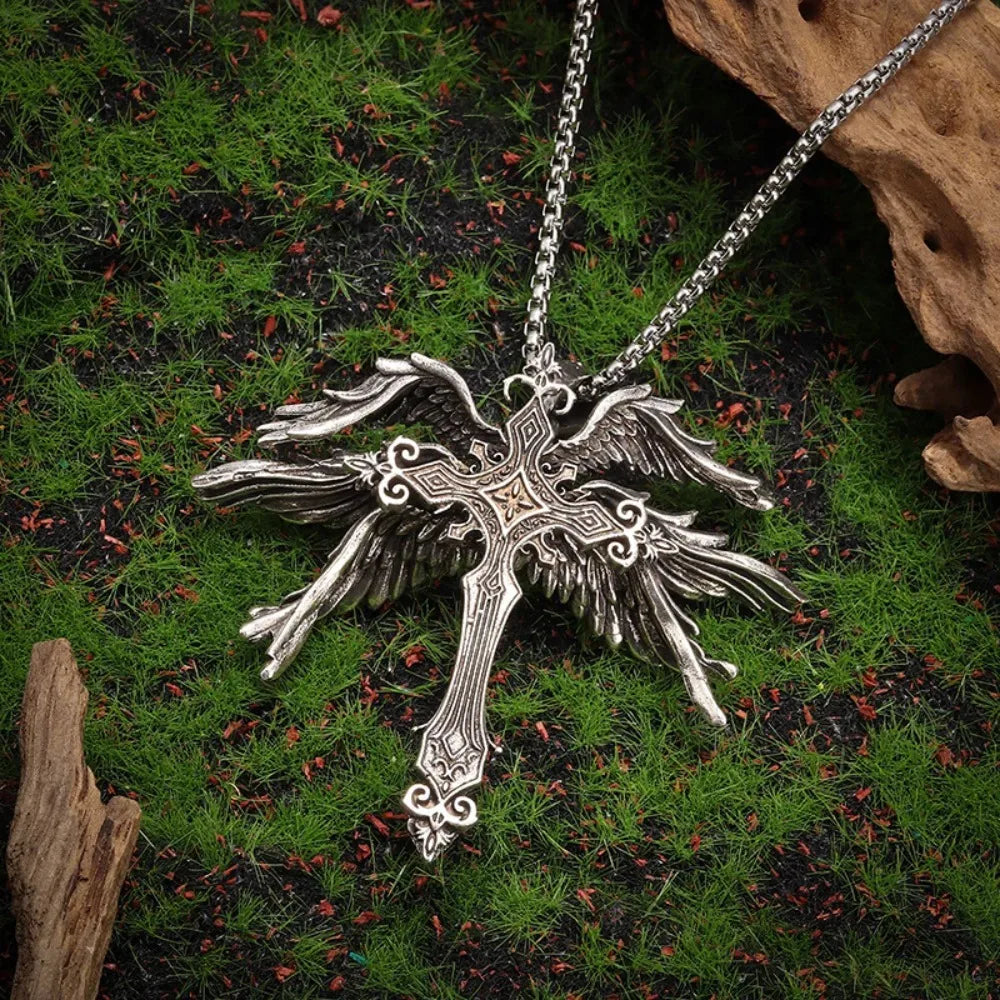 Retro Gothic Jesus Wings Cross Pendant Necklace Jewelry for Men Women Large Vintage Dark Punk Religious Amulet Necklaces Gifts