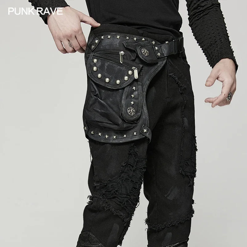 PUNK RAVE Men's Punk Doomsday Irregular Shape Rivets Personalized Bag Webbing Can Adjust Tightness Men Accessories